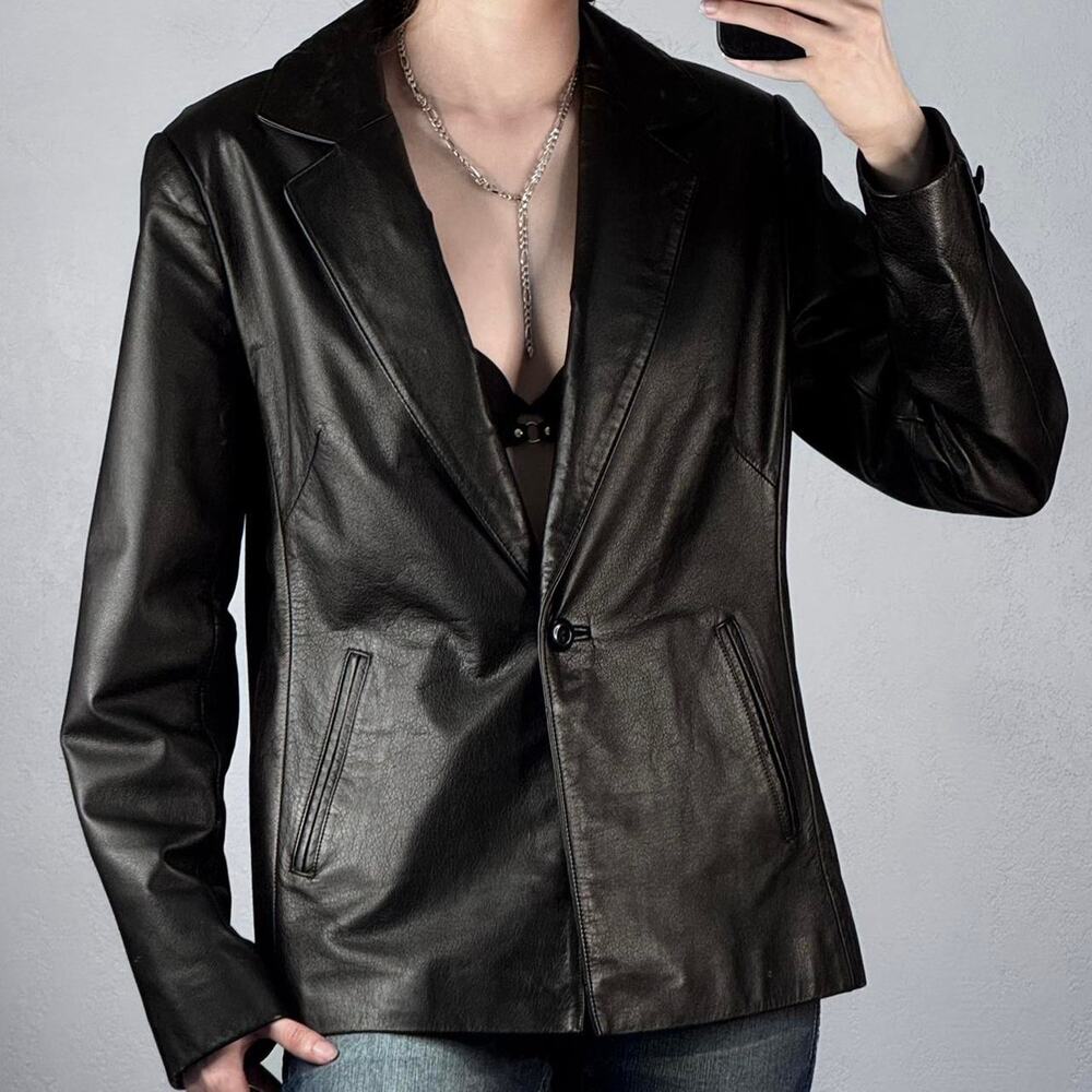 Vintage Y2K Leather Blazer Jacket V-Neck Black One Button Medium